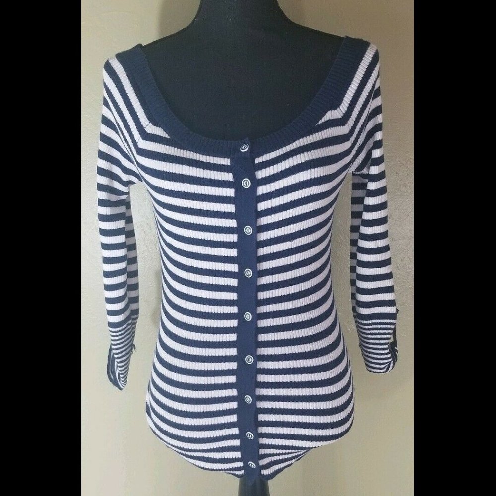 GUESS Sweater White Blue Stripes Pull Over Buttons